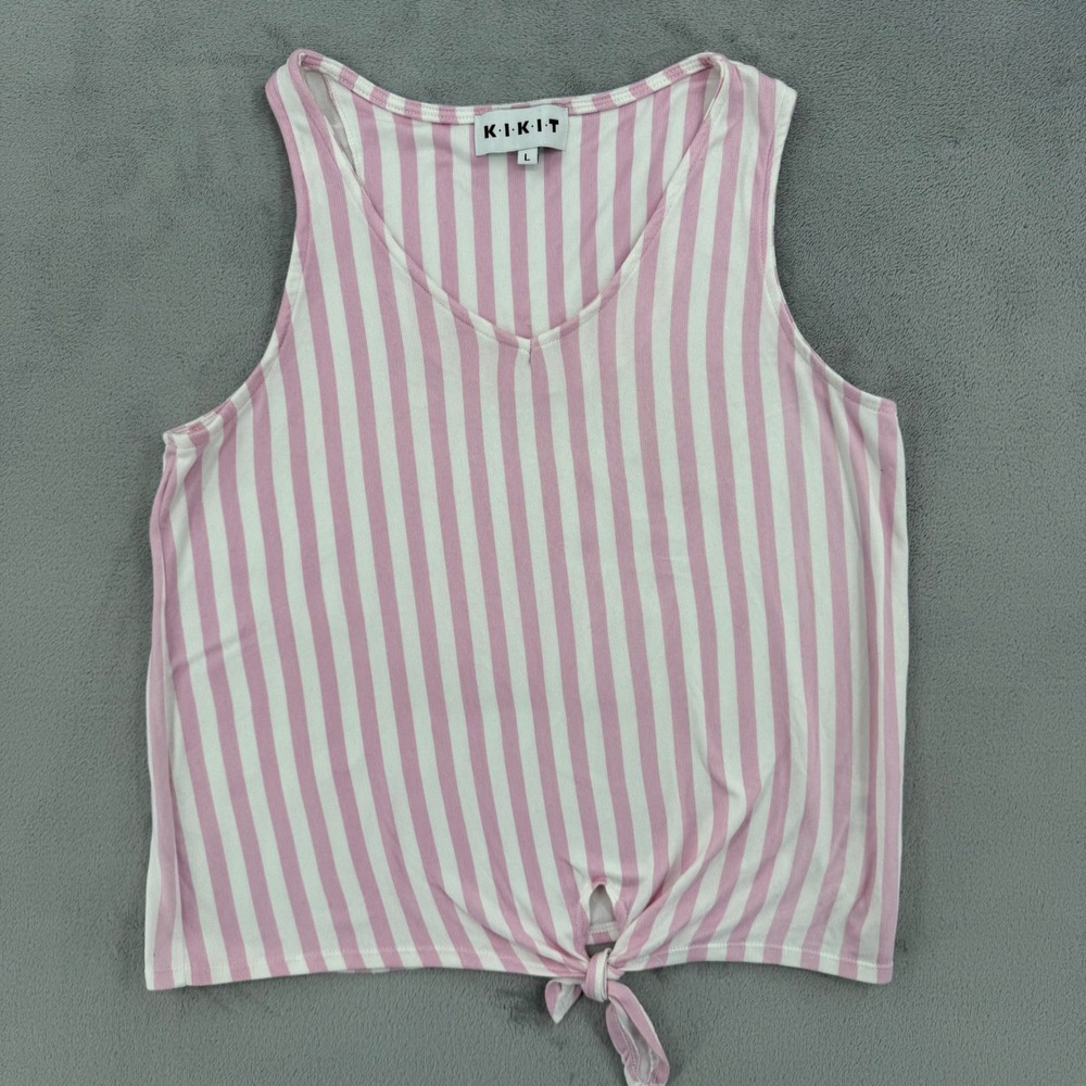 KIKIT Pink White Striped Sleeveless V-Neck Tie Front Tank Top Women Size‎ L
